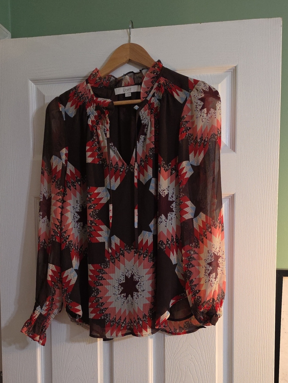 LOFT Multicolor Geometric Sheer Blouse - Burgundy, Pink, Cream, Blue